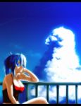  bare_shoulders blue_eyes breasts chin_rest cleavage cloud collarbone commentary foxhound highres large_breasts light midriff onibi_(foxhound4185) original ponytail sitting sky solo tank_top taut_shirt white_hair 