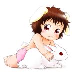  1girl :3 animal_ears baby bare_legs barefoot brown_hair bunny_tail chinon diaper inaba_tewi rabbit rabbit_ears red_eyes short_hair simple_background sitting solo tail topless touhou white_background young 