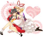  bad_id black_hair blonde_hair bow detached_sleeves hakurei_reimu hat highres hug long_hair motimoti multiple_girls red_eyes short_hair touhou yakumo_yukari 