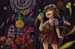  bad_id blonde_hair flandre_scarlet floating_object flower food fruit grapes hat holding holding_fruit kurione_(pixiv) kurione_(zassou) laevatein open_mouth pear red_eyes red_rose rose short_hair smile solo spill stained_glass touhou wings 