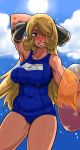  blonde_hair blush cloud clouds getter hair_over_one_eye nintendo one-piece_swimsuit plump pokemon pokemon_(game) pokemon_dppt school_swimsuit shirona_(pokemon) solo sweat swimsuit 