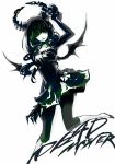  black_hair black_legwear black_rock_shooter dead_master dress green_eyes horns i-riya leggings long_hair simple_background solo wings 