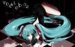  aqua_eyes aqua_hair ask02 bent_over checkered checkered_floor dress duplicate elbow_gloves eyeshadow floor gloves green_eyes green_hair hair_ribbon hatsune_miku lipstick long_hair lying makeup open_back pale_skin ribbon skinny solo twintails very_long_hair vocaloid 