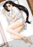  1girl bare_legs barefoot bed black_hair blush breasts female final_fantasy final_fantasy_vii full_body kedo_mitsuharu long_hair looking_at_viewer low-tied_long_hair lying lying_on_bed naked_shirt on_bed on_side open_clothes open_mouth open_shirt pillow red_eyes shirt solo tifa_lockhart white_shirt 