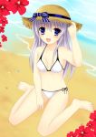  beach bikini blue_eyes flower hat hibiscus ikeda_yuuki kneeling long_hair silver_hair swimsuit 