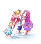  ball bike_shorts blue_eyes blush caro_ru_lushe heterochromia jiei_son long_hair looking_back lutecia_alpine mahou_shoujo_lyrical_nanoha mahou_shoujo_lyrical_nanoha_strikers multiple_girls pink_hair purple_hair red_eyes ribbon short_hair twintails vivio water 