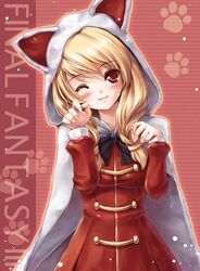  blush braid cat_hood cat_pose devout final_fantasy final_fantasy_iii hood long_hair miyase_mahiro paw_pose red_eyes ribbon smile solo title_drop white_mage wink 