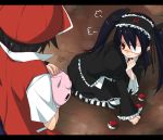  1girl baseball_cap blush eyepatch gothic gothic_lolita haru_(pixiv276337) hat hidaka_ryou holding jigglypuff kneeling lolita_fashion nintendo poke_ball pokemon pokemon_(game) purple_hair red_(pokemon) red_eyes single_letter striped striped_legwear striped_thighhighs team_rocket thigh-highs thighhighs twintails 