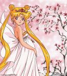  bishoujo_senshi_sailor_moon blonde_hair blue_eyes cherry_blossoms crown hair_buns heart moon pregnant princess smile tsukino_usagi white_dress 