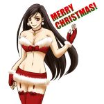  1girl blush breasts brown_eyes brown_hair christmas cleavage earrings final_fantasy final_fantasy_vii fingerless_gloves lowres miniskirt smile solo thighhighs tifa_lockhart white_background 