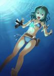  belt bikini blue_eyes bubble error feet fingerless_gloves flat_chest freediving from_below gloves glowing glyph green_hair knife light magic navel original shell short_hair side-tie_bikini smile soles solo string_bikini sunbeam sunlight swimsuit tadokoro_teppei toes underwater 