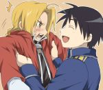  2boys angry bad_id black_hair blonde_hair blush closed_eyes edward_elric fullmetal_alchemist laughing lift male maruki_(punchiki) multiple_boys roy_mustang smile yellow_eyes 