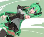  blue_eyes blush detached_sleeves green_hair hatsune_miku headphones headset long_hair looking_back necktie skirt smile solo tamashii thigh-highs thighhighs twintails very_long_hair vocaloid zettai_ryouiki 