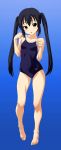  animal_ears barefoot black_hair blue_hair blush brown_eyes feet flat_chest highres k-on! long_hair nakano_azusa norizou_type-r one-piece_swimsuit solo swimsuit tail twintails 