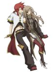 1girl aerialsoul boots brown_hair couple dress gloves hair_over_one_eye high_heels long_hair luke_fon_fabre pants red_hair red_legwear redhead shoes smile tabard tales_of_(series) tales_of_the_abyss tear_grants thighhighs zettai_ryouiki 