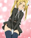  1boy bad_id between_thighs blonde_hair blush clenched_teeth covering covering_crotch crossdressing crossdressinging edward_elric embarrassed fullmetal_alchemist gloves male maruki_(punchiki) skirt skirt_tug solo sweatdrop thigh-highs thighhighs trap twintails v_arms yellow_eyes zettai_ryouiki 