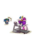  &gt;_&lt; :d backpack bag blue_hair breath cheering chibi exercise hair_bobbles hair_ornament hat kawashiro_nitori open_mouth patchouli_knowledge purple_hair short_hair simple_background smile socha touhou treadmill twintails xd 