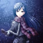  blue_hair brown_eyes coat fujimiya_yuu idolmaster kisaragi_chihaya long_hair mittens scarf snow solo wind 