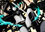 bad_id belt bikini_top black_hair black_rock_shooter black_rock_shooter_(character) blue_eyes boots chain chains coat glowing glowing_eyes highres itoi long_hair midriff navel pale_skin solo sword twintails weapon 