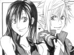  cloud_strife cloud_tifa final_fantasy final_fantasy_vii final_fantasy_vii_advent_children heart holding_hands looking_at_viewer lowres monochrome smile tifa_lockhart 