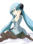  aqua_eyes aqua_hair armpits blush detached_sleeves hatsune_miku long_hair looking_back panties panties_under_pantyhose pantyhose solo striped striped_panties thigh-highs tsuntarou twintails underwear very_long_hair vocaloid 