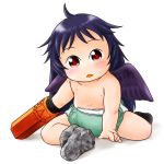  1girl arm_cannon baby bare_legs bird_wings blush chinon concept_art diaper long_hair looking_at_viewer open_mouth purple_hair red_eyes simple_background sitting solo topless touhou weapon white_background young 