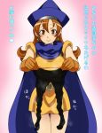  alena_(dq4) blush brown_eyes cape dragon_quest dragon_quest_iv earrings gloves hat jewelry k2_(pixiv1130508) latex_gloves long_hair orange_hair pantyhose skirt smell smile translation_request witch_hat 