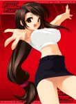  1girl brown_eyes brown_hair final_fantasy final_fantasy_vii long_hair midriff open_mouth outstretched_hand red_background short_skirt smile solo tifa_lockhart 