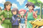 1girl 3boys arm_grab bandaid brothers closed_eyes electabuzz gym_leader jindai_(pokemon) mountain multiple_boys pokemoa pokemon pokemon_(anime) pokemon_(creature) pokemon_(game) pokemon_dppt reiji_(pokemon) shinji_(pokemon) siblings sky smile sumomo_(pokemon)