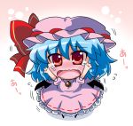  1girl bat_wings blue_hair bow chibi commentary_request fang hair_between_eyes hair_bow mob_cap noai_nioshi open_mouth puffy_sleeves red_bow remilia_scarlet short_hair short_sleeves solo tears touhou wavy_mouth wings 