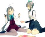  2girls ^_^ ahoge amber_eyes black_legwear bow closed_eyes collared_shirt food food_in_mouth food_on_face fringe green_bow hair_bow holding_food kantai_collection kasumi_(kantai_collection) kiyoshimo_(kantai_collection) kneeling knees long_hair long_sleeves multiple_girls onigiri open_mouth pantyhose pleated_skirt sayori_(artist) shirt silver_hair simple_background sitting skirt smile thigh-highs white_shirt 