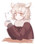  1girl :d animal_ears cup ear_wiggle nosuku open_mouth original sheep_ears short_hair sketch smile steam white_hair winter_clothes yellow_eyes 