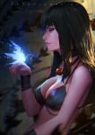 1girl bare_back black_hair breasts butterfly cleavage gotgituey long_hair looking_down mole red_eyes solo 