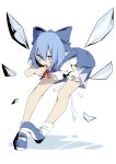  1girl arudente bending_forward bloomers blue_eyes blue_hair blush_stickers bow cirno collared_shirt dress finger_licking hair_bow hair_ribbon ice ice_wings large_bow licking looking_at_viewer mary_janes ribbon shoes short_hair socks solo touhou underwear wings 