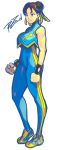  1girl alternate_costume bodystocking breasts brown_eyes brown_hair chun-li clenched_hands completion_time double_bun hair_ribbon highres ribbon robert_porter shoes sketch smile sneakers solo street_fighter street_fighter_zero studded_bracelet vest 
