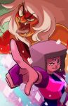  commentary garnet_(steven_universe) heterochromia highres jasper_(steven_universe) koei18 sharp_teeth spoilers sunglasses_removed third_eye 