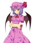  1girl ascot bat_wings blue_hair blush brooch crossed_arms dress hat hat_ribbon jewelry mob_cap pink_dress puffy_short_sleeves puffy_sleeves red_eyes remilia_scarlet ribbon short_sleeves smile solo touhou wings yabu_q 