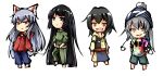  4girls alternate_costume black_eyes black_hair bow cigarette deformed fujiwara_no_mokou hair_bow hat headphones houraisan_kaguya koro_(cookie) long_hair mononobe_no_futo multiple_girls open_mouth orange_eyes parka ponytail red_eyes ribbon shameimaru_aya short_hair silver_hair tagme touhou white_background 