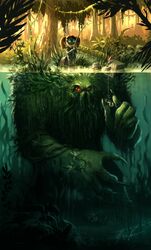  bag bone fishing forest glasses gnome_(warcraft) highres monster nature red_eyes warcraft water world_of_warcraft 