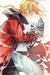  1boy 91_(968087) blonde_hair braid coat edward_elric electricity fullmetal_alchemist hands_together long_hair male_focus mechanical_arm red_coat solo yellow_eyes 