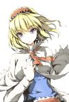  1girl alice_margatroid awa_yume blonde_hair capelet dress hairband hand_on_own_chest high_collar highres long_sleeves looking_at_viewer neckerchief pale_skin short_hair simple_background solo touhou violet_eyes 