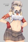  1girl bandages bare_shoulders blue_eyes gloves grey_hair long_hair looking_at_viewer midriff navel original pleated_skirt sigama skirt solo tagme 