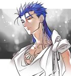  1boy beads blue_hair cloak fate/stay_night fate_(series) hair_down jewelry lancer long_hair necklace red_eyes sirou69 solo 