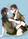  2girls alternate_hairstyle arm_support black_eyes black_hair blush brown_eyes brown_hair heart kantai_collection kitakami_(kantai_collection) multiple_girls ooi_(kantai_collection) shuu-0208 sitting smile yuri 