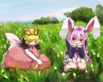  2girls animal_ears blonde_hair blue_sky blurry bubble_skirt clouds depth_of_field elbows_on_knees flower grass grey_eyes hair_ribbon head_rest knees_to_chest lavender_hair leg_hug light_frown light_smile lily_of_the_valley lips long_hair looking_at_viewer looking_down meadow medicine_melancholy mountain multiple_girls outdoors pleated_skirt puffy_short_sleeves puffy_sleeves rabbit_ears red_eyes reisen_udongein_inaba ribbon sakuya_(sa_ku_yan) short_hair short_sleeves skirt sky squatting suit_jacket touhou tree very_long_hair 