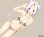  1girl amakusa_shio animal_ears bikini cat_ears final_fantasy final_fantasy_xiv miqo&#039;te salute swimsuit tail violet_eyes white_hair 