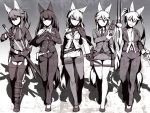  5girls animal_ears belt black_gloves black_hair blue_eyes eyepatch fox_ears fox_tail garter_straps gloves gun heterochromia kageshio_(276006) kunai long_hair looking_at_viewer multiple_girls navel necktie original pantyhose ponytail red_eyes shadow smile sword tail thigh_strap twintails uniform weapon yellow_eyes 