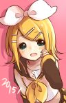  1girl 2015 blonde_hair blush kagamine_rin looking_at_viewer open_mouth short_hair simple_background smile solo vocaloid yuirinex 