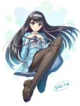  1girl black_hair black_legwear blue_dress blue_eyes blush brown_shoes cuffs dated dress hairband hands_clasped huyukaaki knees_up lace loafers long_hair long_sleeves looking_at_viewer necktie original pantyhose shoes simple_background smile solo striped striped_dress very_long_hair 