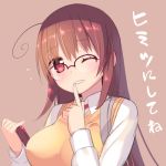  1girl ahoge arima_senne blush breasts brown_hair glasses kashiwamochi_yomogi large_breasts long_hair looking_at_viewer lowres one_eye_closed original red_eyes simple_background sketch smile solo translation_request upper_body 